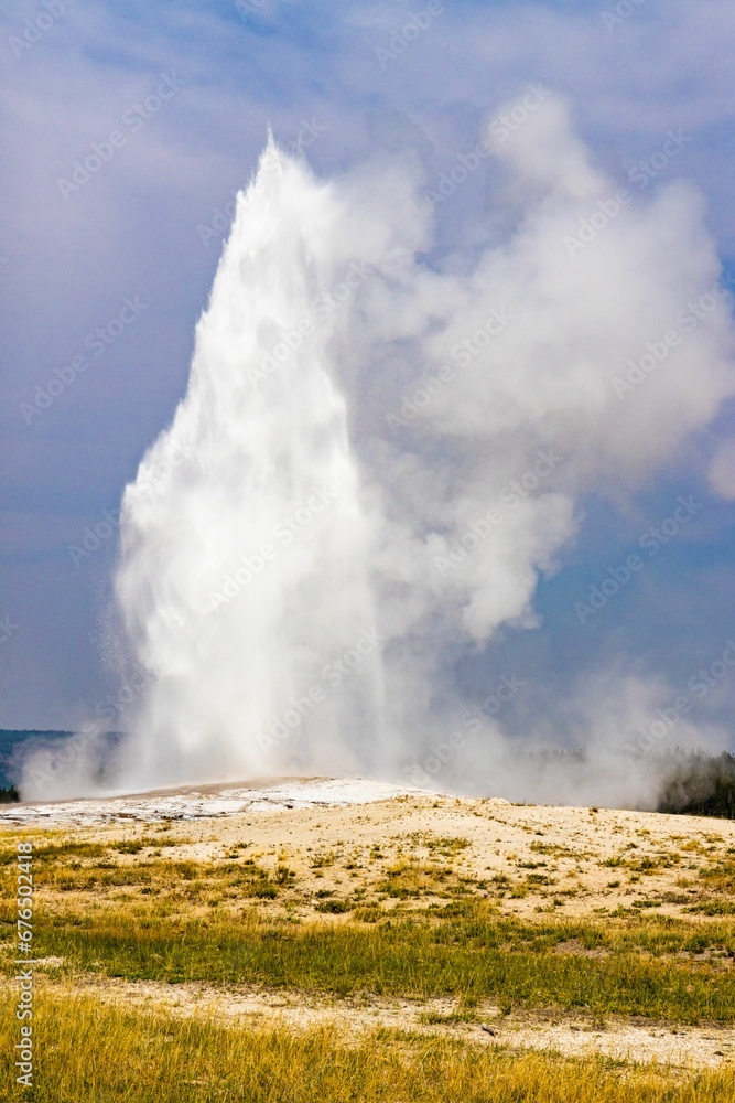 Vertical shot of the eruption of geyser Old Faithful in Yellowstone National Park.