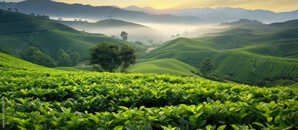 In China the beautiful background of nature comes alive during spring with vibrant green trees adorned with leaves As an important part of Chinese agriculture tea plants thrive in these fiel - obrazy, fototapety, plakaty 
