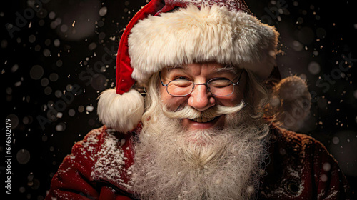 Closeup of Santa Clause laughing and smiling while snowing - Generative Ai