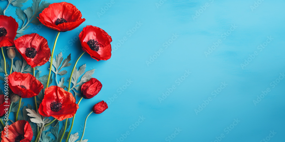 poppy flowers on a blue background. copy space. ai generative - obrazy, fototapety, plakaty 
