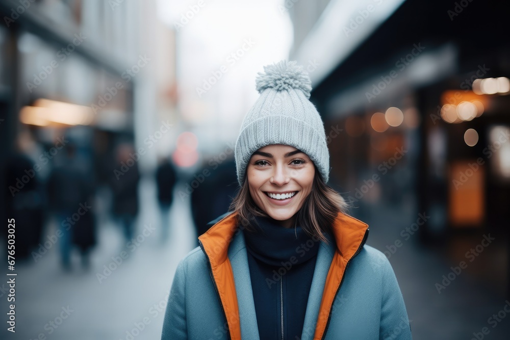 Happy young woman in stylish winter outfit, shining with beauty and cheerful smile outdoors.