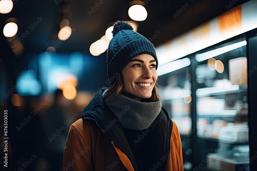 Happy young woman enjoying winter in the city with a cheerful smile and fashionable style. Happy young woman enjoying winter in the city with a cheerful smile and fashionable style.