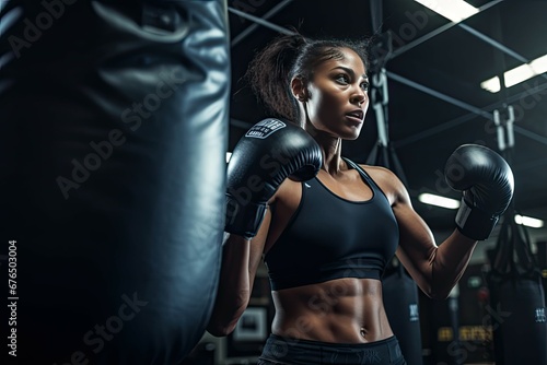 boxing exercise workout punching bag tough female fighter practice boxing in gym fitness class © KirKam