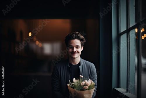 Happy and handsome young man in a suit with a bouquet of flowers in his hands  radiating confidence and joy.
