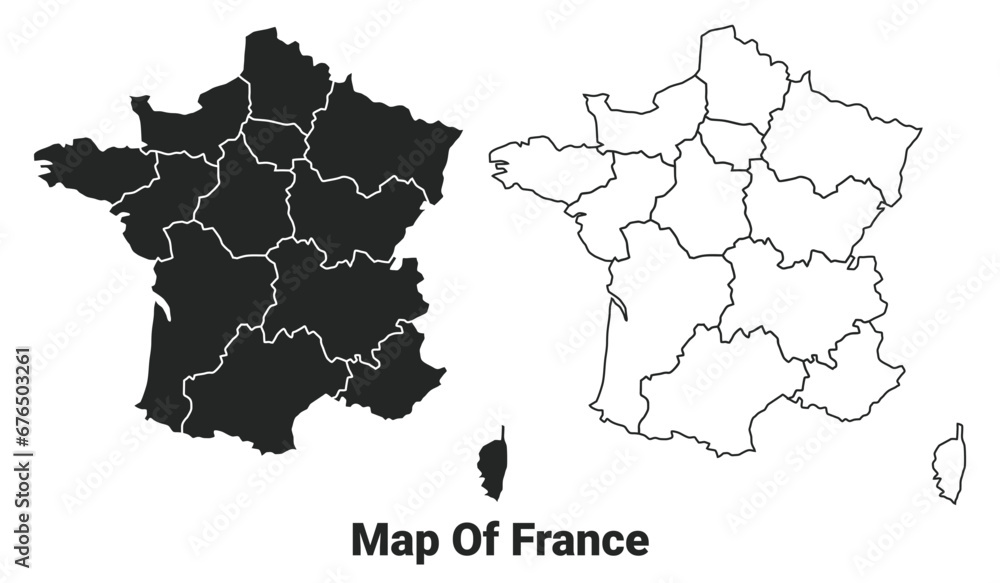 Vector Black map of France country with borders of regions