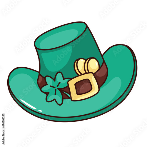 Groovy lucky leprechaun hat vector illustration. Cartoon isolated retro funny sticker of green hat with shamrock and gold coins, magic traditional symbol of luck and charm for St Patricks Day
