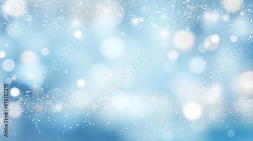 Christmas and New Year winter festive background. White glowing circles of different sizes on blue blurred bokeh background with copy space for text. The concept of Christmas and New Year holidays. © Marina_Nov