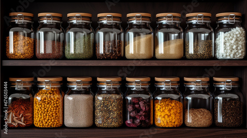 jars with different cereals and spices stand on the shelves, interior of the pantry. ai generative