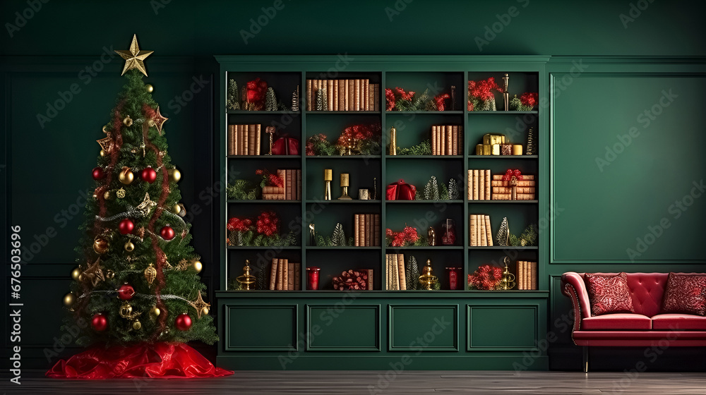 Domestic living room decorated with Christmas fir tree and holiday decor on green background. Bookcase and comfortable red sofa create comfort. 3d illustration. Winter festive mood. Copy space. Mockup