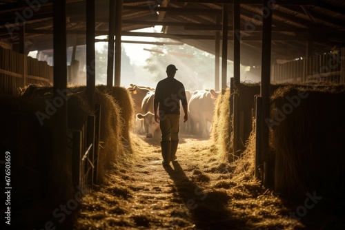 farmer walks in the cowshed