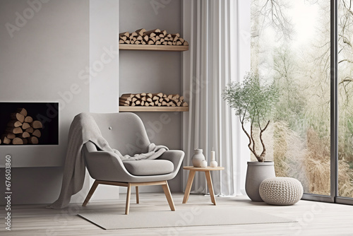 gray armchair against the background of a fireplace and a large window. modern living room design in Scandinavian style. ai generative photo