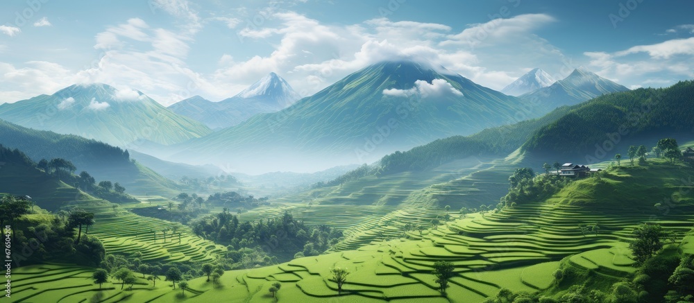 During the summer I took a trip to Thailand to explore the breathtaking landscape and immerse myself in the country s rich agricultural heritage captured by the vibrant green fields of rice  - obrazy, fototapety, plakaty 
