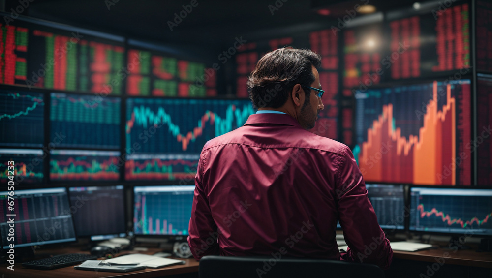 A financial trade manager evaluates stock market indicators closely examining financial data and charts for informed decision-making. A financial trade manager evaluates stock market indicators closely examining financial data and charts for informed decision-making.
