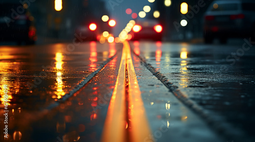 two lanes on a wet road in which car lights are reflected. ai generative photo
