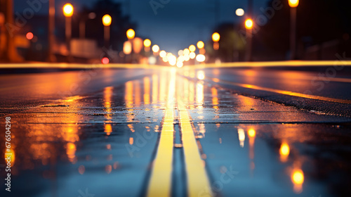 two lanes on a wet road in which car lights are reflected. ai generative