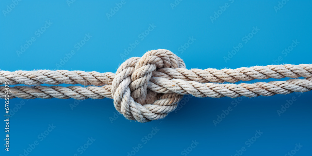 stretched rope tied in a knot on a blue background. ai generative
