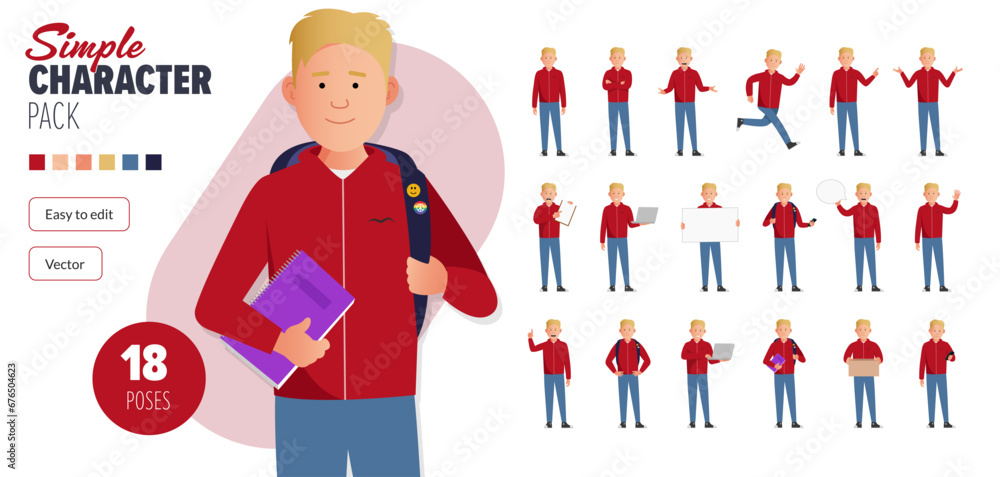 Simple flat male teenager student vector character in a set of multiple ...