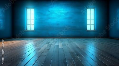 Blue empty wall and wooden floor with interesting  AI generated illustration