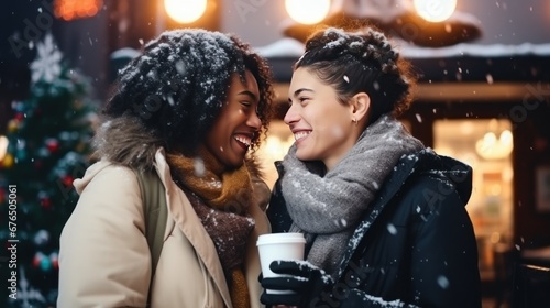 Loving lesbian couple strolls with coffee sharing intimate moments of warmth and affection during morning in tranquil park. Couple of girlfriends enjoys coffee walking through park enjoying moments photo