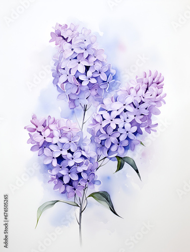Lilac flowers on white background, watercolor botanical painting. Violet flowers, invitation