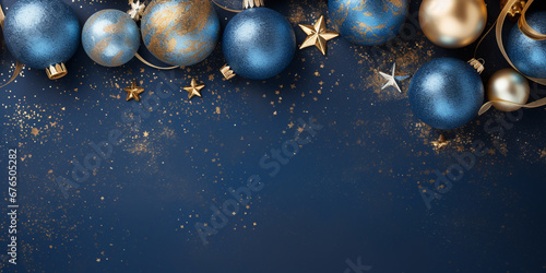 blue and gold Christmas balls, stars, sparkles and serpentine on a blue background, copy space. ai generative