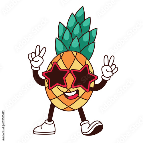 Groovy pineapple character in sunglasses vector illustration. Cartoon isolated retro quirky and positive emoji of cute happy tropical summer fruit with arms and legs, funky mascot on beach party
