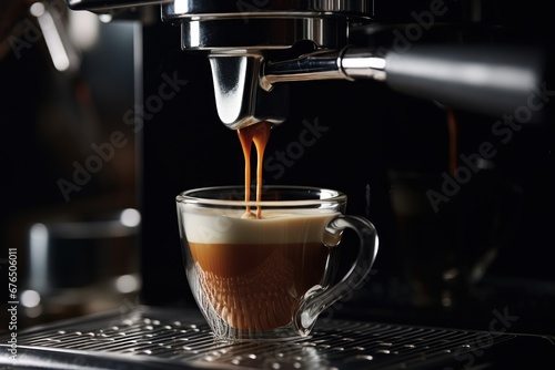 A Preparation of espresso coffee by using coffee machine. Espresso pouring from coffee machine. Close-up of espresso pouring from coffee machine. Professional coffee brewing.