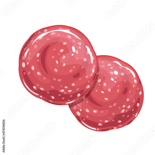 Salami sausage slices vector illustration. Cartoon isolated top view of two thin circles of red smoked cold meat with fat and spices, sliced delicatessen salami product for cooking and eating