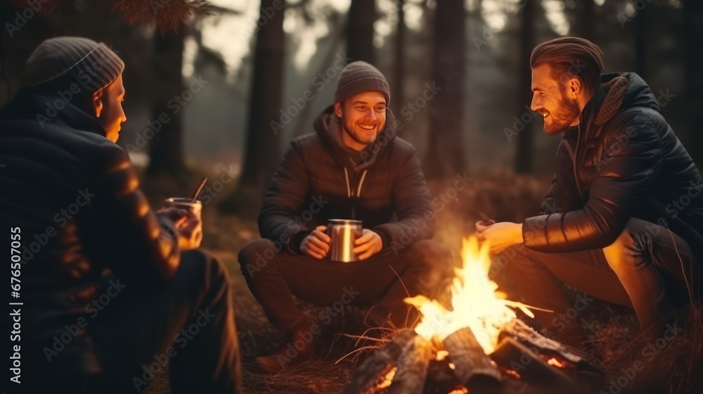 Men with beards congregate around campfire sharing stories to make night memorable. Group of bearded hikers with hands in pockets comes around fire enjoying conversation by tent in autumn forest