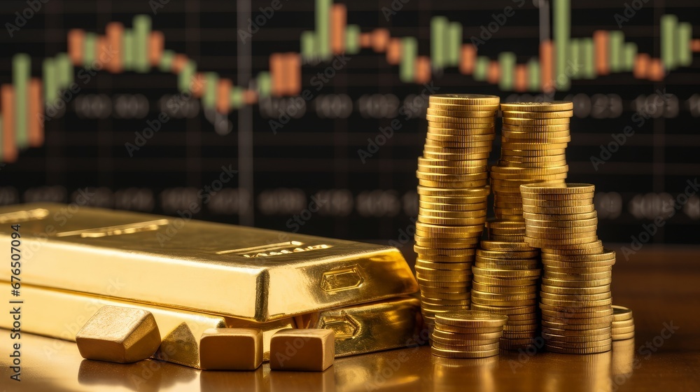 Gold bar resting on a stocks and shares graph repres AI generated illustration Gold bar resting on a stocks and shares graph repres AI generated illustration