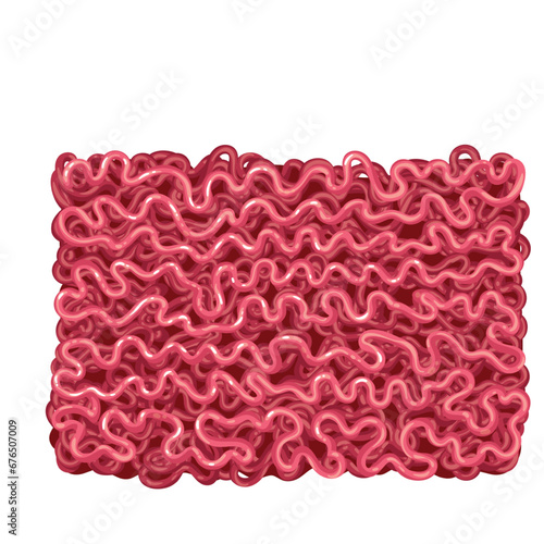 Ground beef vector illustration. Cartoon isolated top view of fresh raw meat mince in heap, red chopped mincemeat for cooking, portion of protein food ingredient of square shape, beef forcemeat