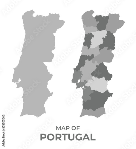 Greyscale vector map of Portugal with regions and simple flat illustration