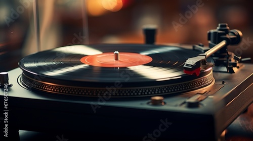 Vintage Turntable with Spinning Vinyl Record photo