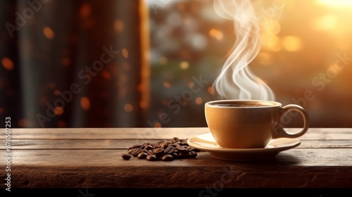 Cup of coffee on wooden table web banner size AI generated illustration