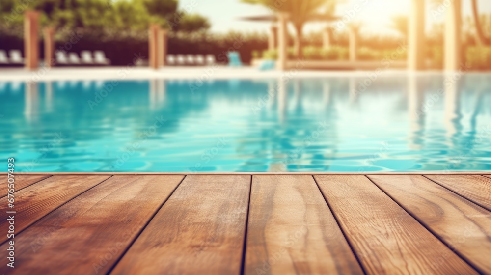 Empty wooden surface with summer travel hotel swimming  AI generated illustration