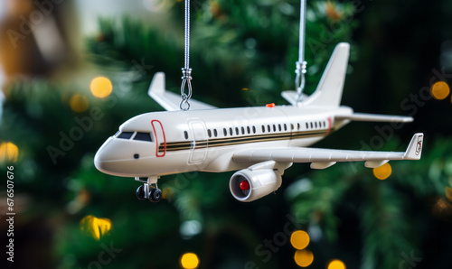 A passenger airplane festive decoration hanging on a Christmas tree. Seasonal christmas travel
