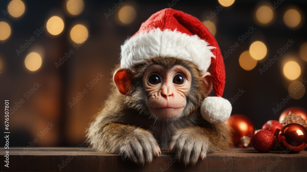 monkey portrait on the background of a Christmas tree. Merry Christmas and Happy New Year concept monkey portrait on the background of a Christmas tree. Merry Christmas and Happy New Year concept