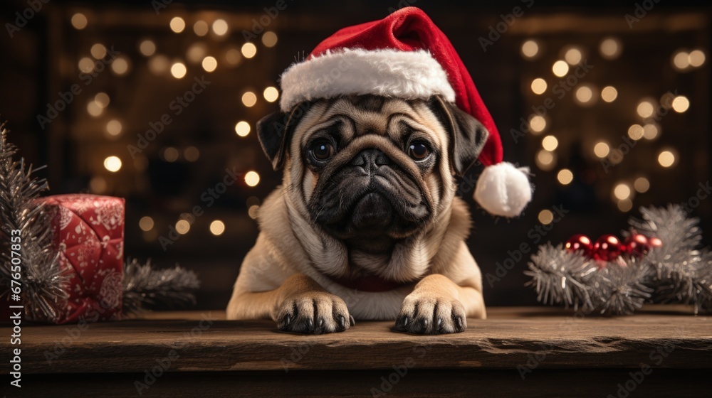 pug portrait on the background of a Christmas tree. Merry Christmas and Happy New Year concept pug portrait on the background of a Christmas tree. Merry Christmas and Happy New Year concept