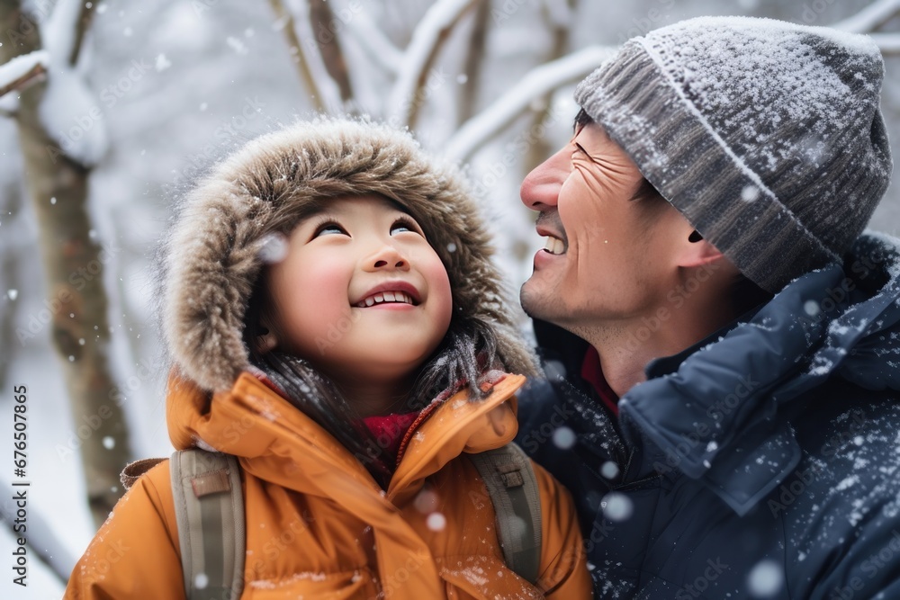 Fototapeta premium Asian father and daughter warmly dressed in winter during snowfall embrace with smiles. Asian dad warmly hugs little daughter in nature during snow. Asian family warm in cold with loving hugs