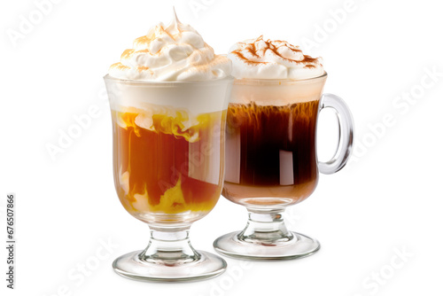 Set of Irish Coffee cocktails with whipped cream, brewed coffee and Irish whiskey