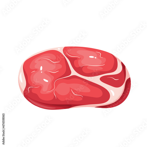 Meat steak vector illustration. Cartoon isolated top view of one raw fresh pork or beef chop with fat stripes, uncooked cow or pig meat for roast and bake, food ingredient for barbecue grilling