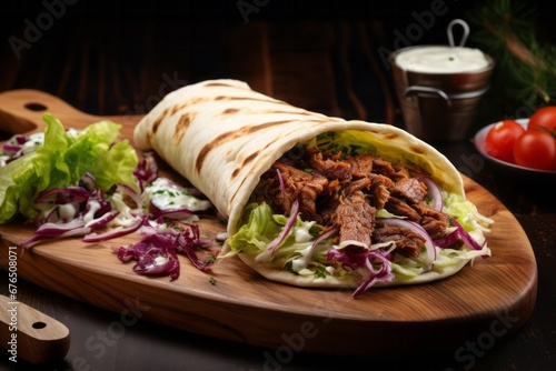 Close up shawarma on a wooden board on a dark background