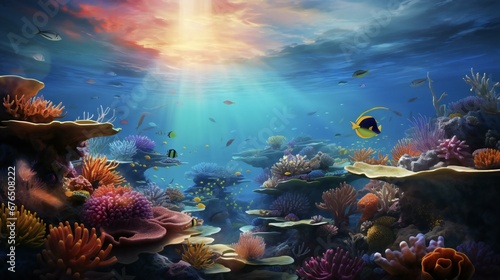 underwater scene with coral reefs and fish © Amena