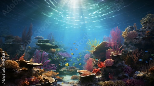 underwater scene with coral reefs and fish © Amena