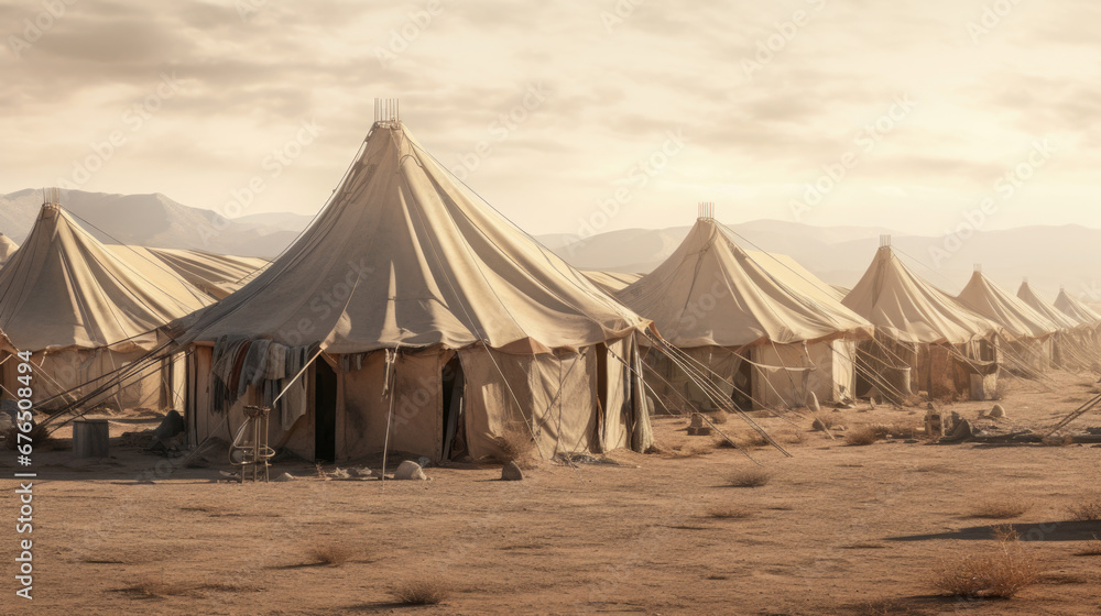 Camp of tents in the desert. Sand landscape.