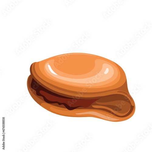 Mussel vector illustration. Cartoon isolated top view of one bivalve mollusc without shell, delicatessen seafood and delicacy for cooking restaurant or home menu dishes, fresh raw single mussel