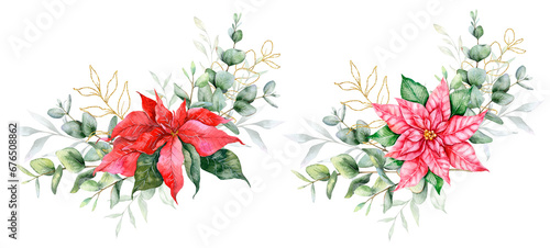 Eucalyptus and Poinsettia Christmas Bouquet Hand Painted Watercolor Illustration. Perfect for wedding invitations, floral labels, bridal shower and floral greeting cards
