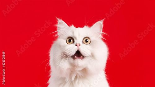 surprised cat with big eyes on a red background, big sales © World of AI