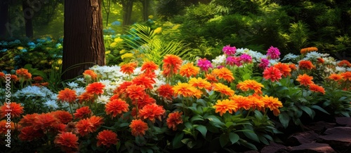 In the vibrant summer garden the backdrop of lush green leaves and blooming flowers fills my heart with joy as the colorful red and orange floral display accentuates the beauty of nature in