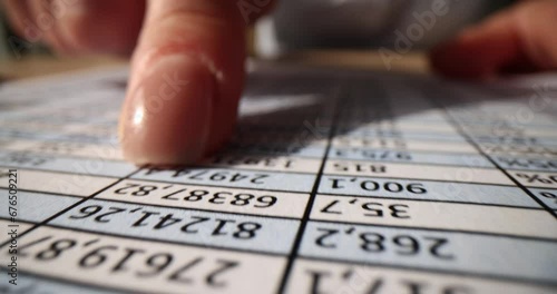 Sheet of investigation paper with columns of numbers and female accountant finger looking for mistake